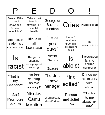 Dream Apology Bingo Card