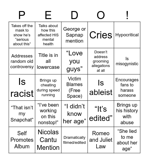 Dream Apology Bingo Card