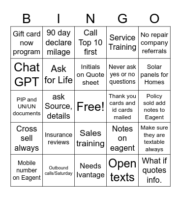 Chargoy Allstate Bingo Card