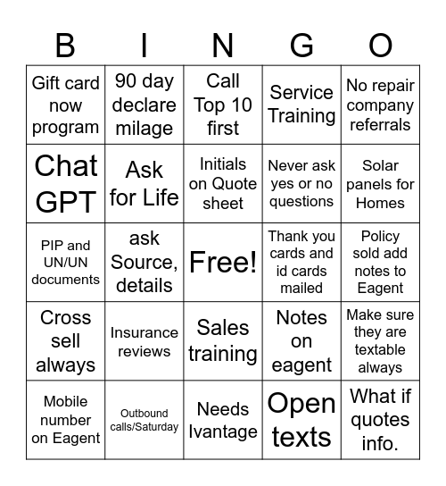 Chargoy Allstate Bingo Card