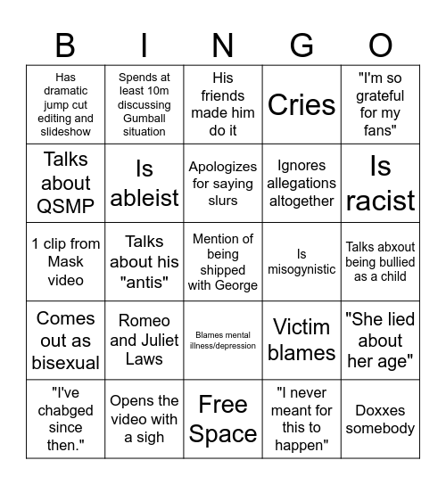 Dream video bingo Card