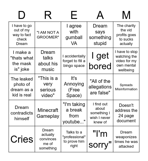 Dream Response Bingo Card