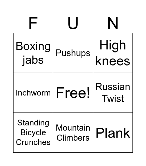 Fitness Bingo Card