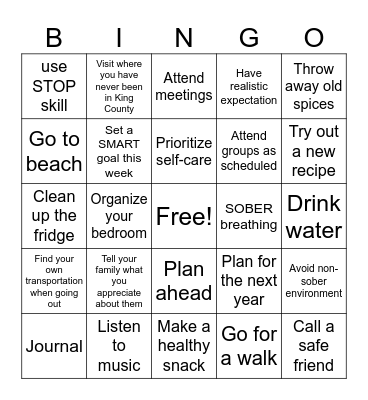 Holiday Coping Skills BINGO Card
