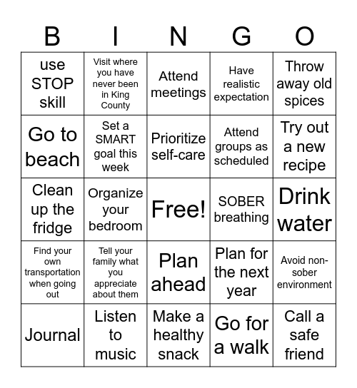 Holiday Coping Skills BINGO Card