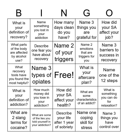 Recovery Bingo! Bingo Card