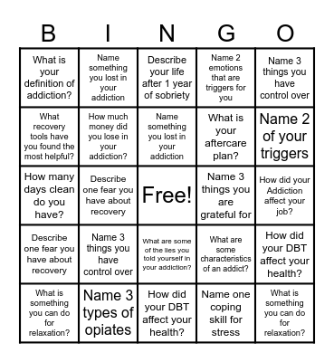Recovery Bingo! Bingo Card