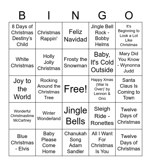 Holiday Music Bingo Card