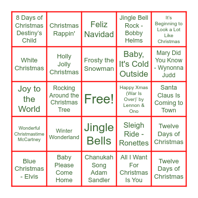 Holiday Music Bingo Card