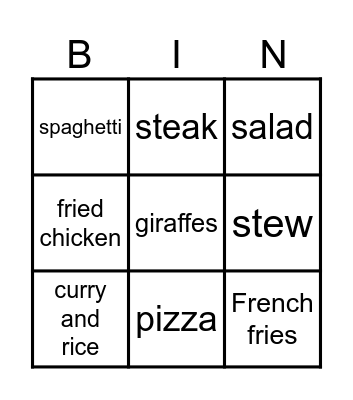 I want to eat… Bingo Card