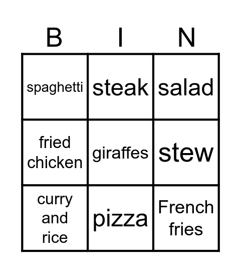 I want to eat… Bingo Card