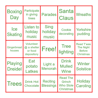 Traditions Bingo Card