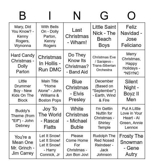 HO HO Holiday Music Bingo Card