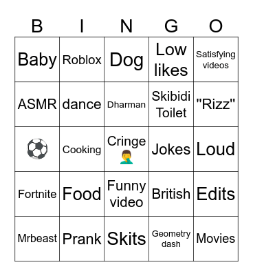 Youtube Shorts bingo Card