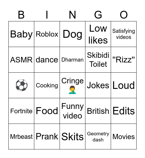 Youtube Shorts bingo Card