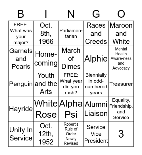 Gamma Sigma Sigma BINGO Card