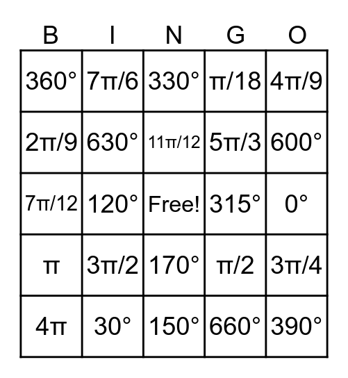 Radians/Degrees Conversion Bingo Card