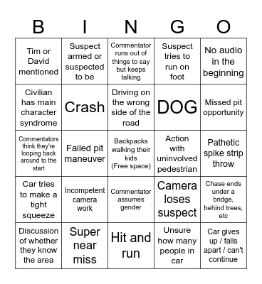 Police Chase Bingo Card