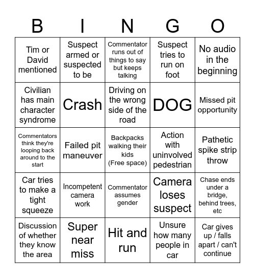 Police Chase Bingo Card