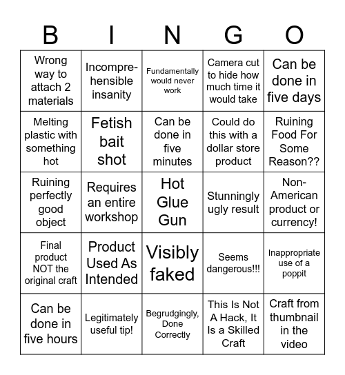 5 Minute Crafts Bingo Card