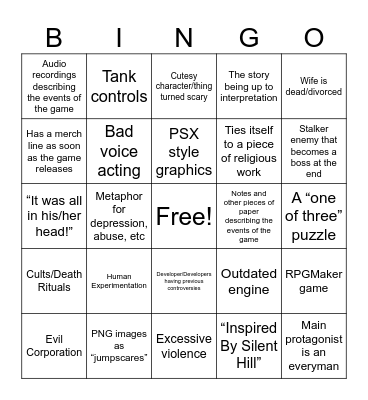 Horror Game Bingo Card
