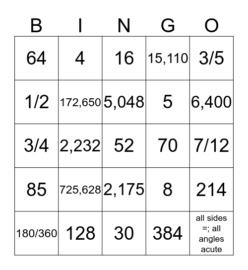 MATH REVIEW! Bingo Card