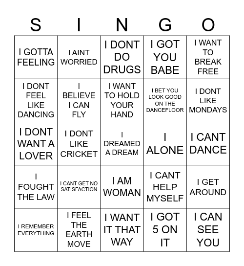 865 SONGS STARTING WITH THE LETTER I Bingo Card