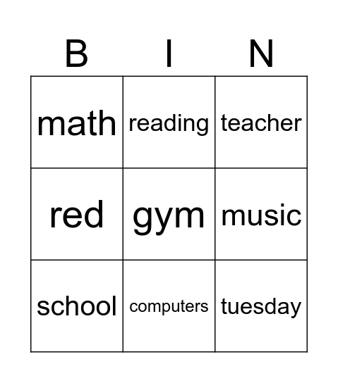 School Bingo Card