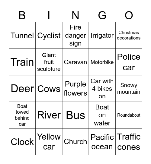 NZ South Island Christmas Driving Bingo Card