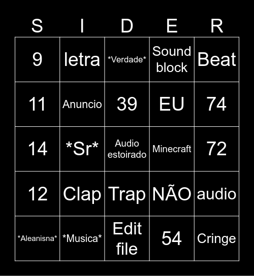 SIDER BWINGO Bingo Card