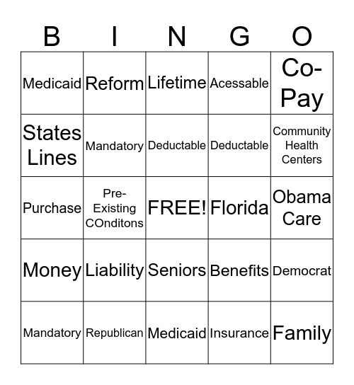Health Care Reform Project! Bingo Card