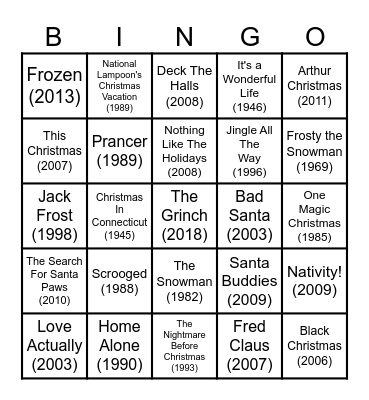 Christmas Films Bingo Card