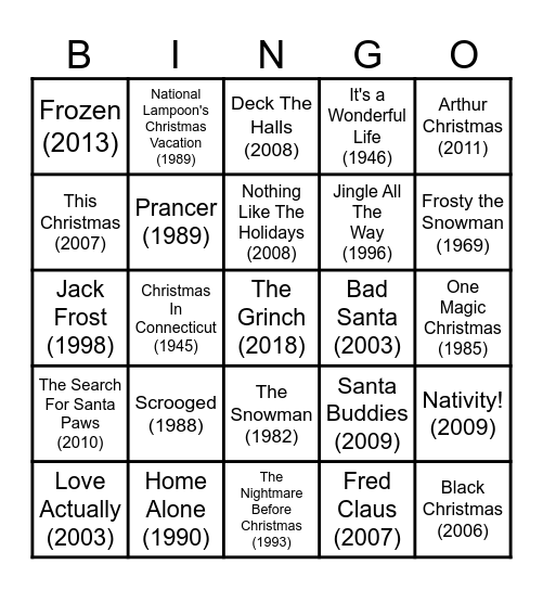 Christmas Films Bingo Card