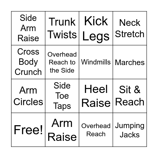 Seated Exercise Bingo Card