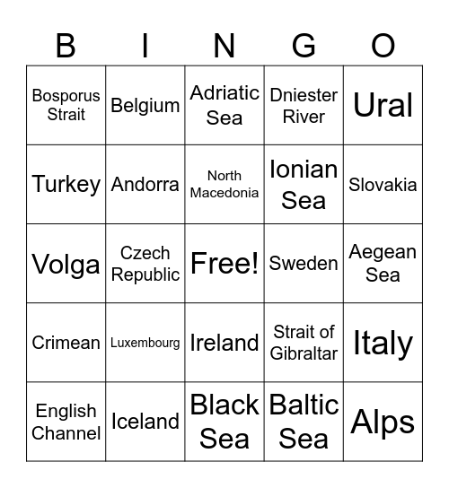 Europe Geography Review Bingo Card