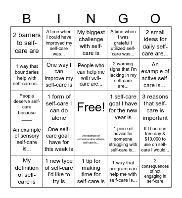 Self-Care Bingo Card