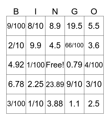Decimal and Fraction Bingo Card