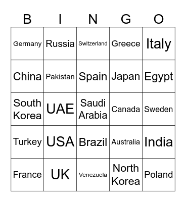 Countries Bingo Card