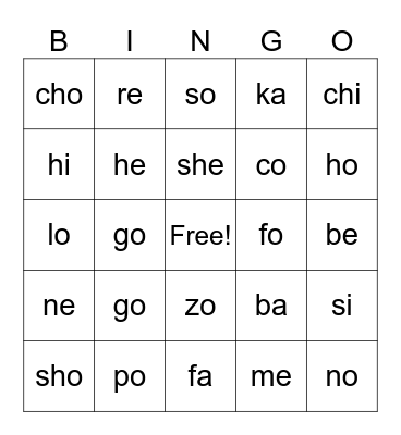 Open Syllables Bingo Card