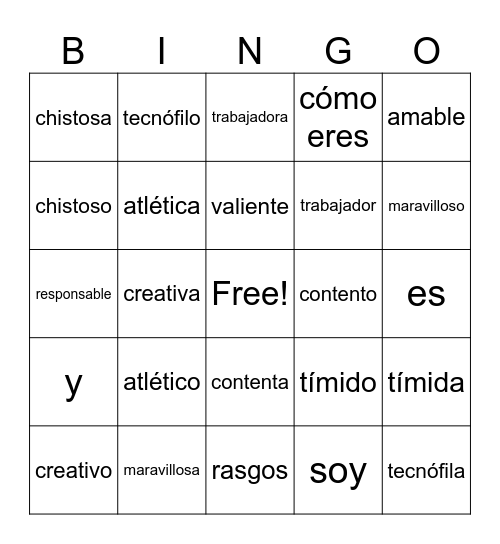 Rasgos Bingo Card