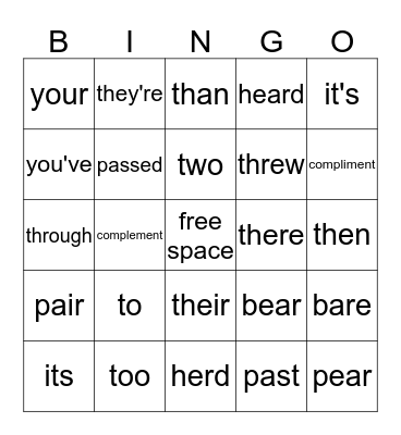 Homophones MP#4 Bingo Card