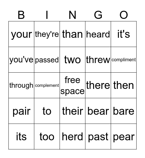 Homophones MP#4 Bingo Card