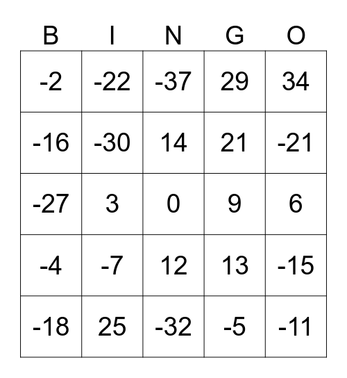 Integer Bingo Card