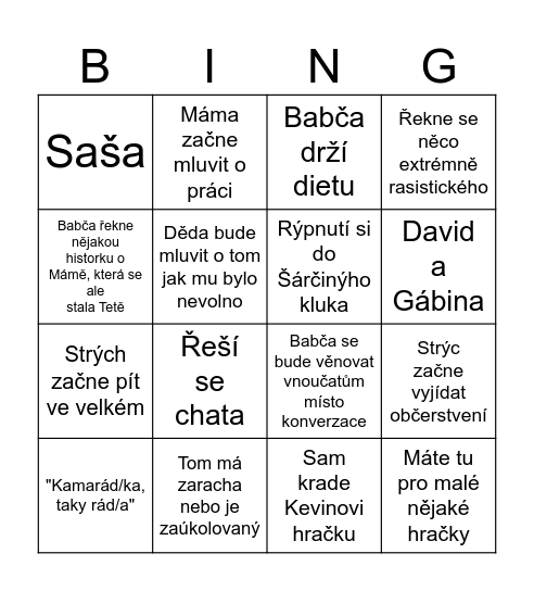 Rodinná akce Bingo Card