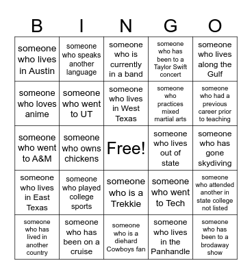 9th Grade Academy People Bingo Card