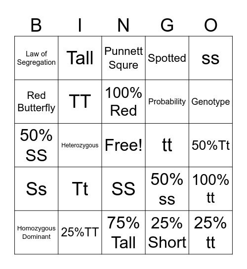 Punnett Squres Bingo Card