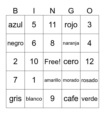 Colores y Numeros Bingo Card