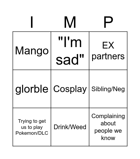 Impy Wimpy Bingo Card