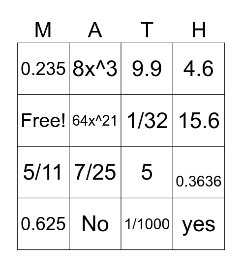 Math L4 Bingo Card