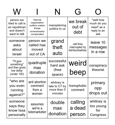 Whitney Call Time Bingo! Bingo Card